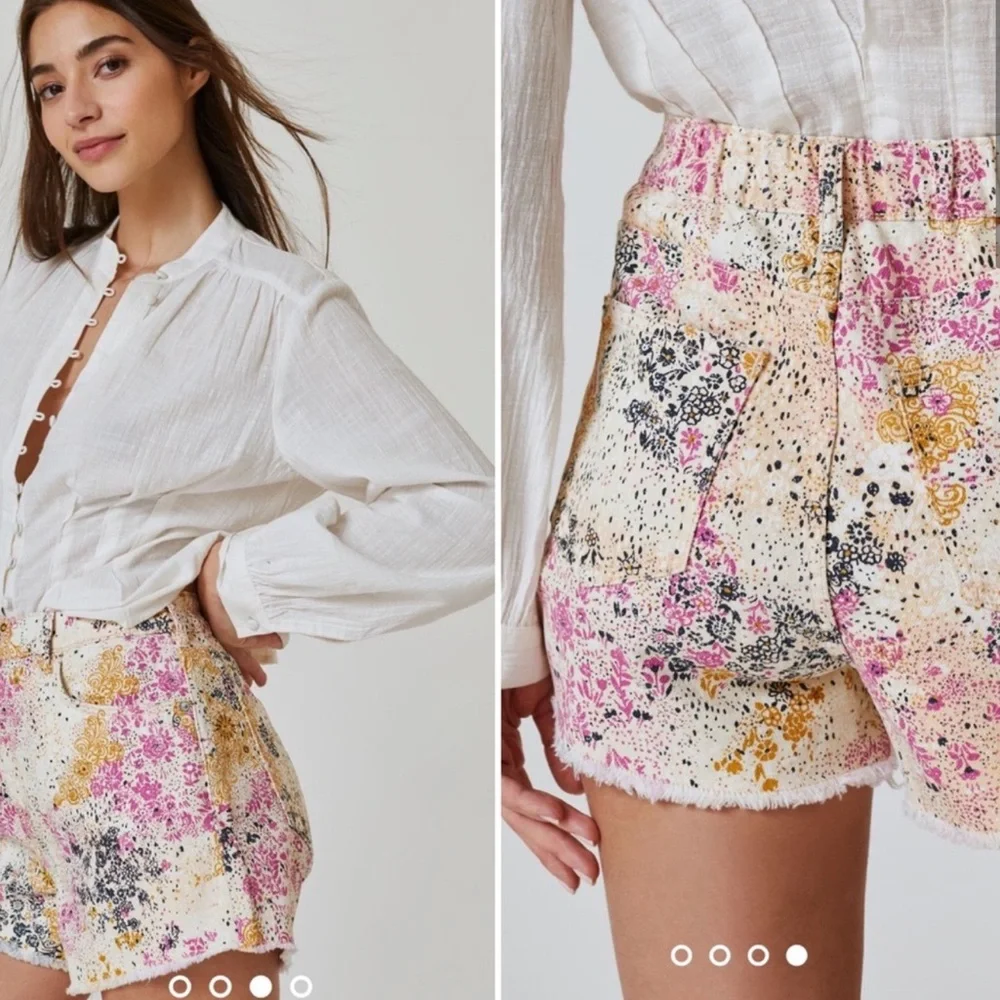 Anthropologie Floral Print High-Rise Shorts in Cream, Pink & Gold - Picture 1 of 13